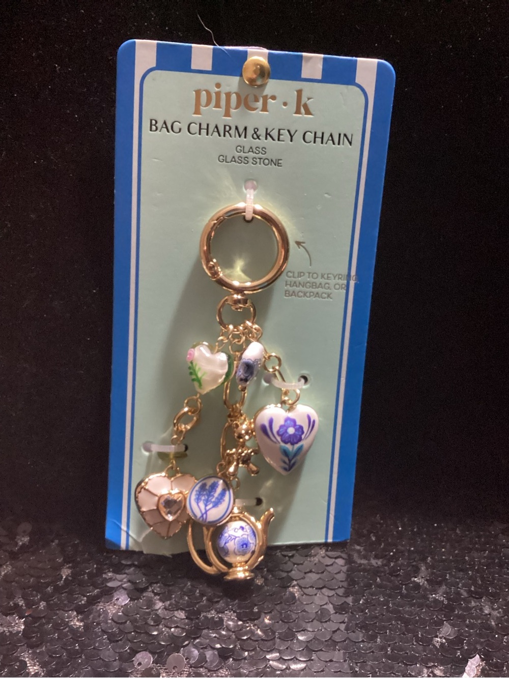 piper.k Gold & Blue Floral Glass Bag Charm Key Chain